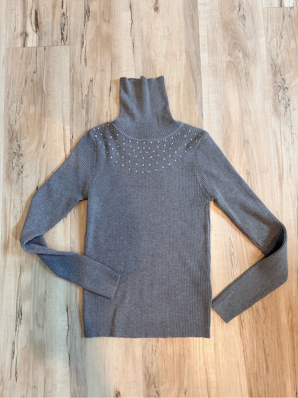 Women’s Gray Turtleneck Sweater with Stud Detail - Picture 1 of 6